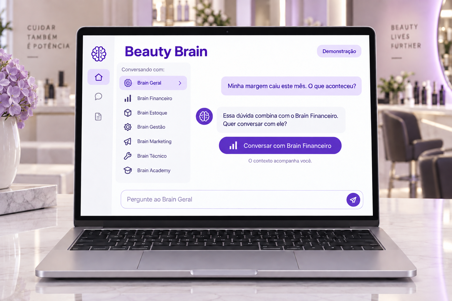 Conceito do chat Beauty Brain com seleção de especialistas e orientação do Brain Geral