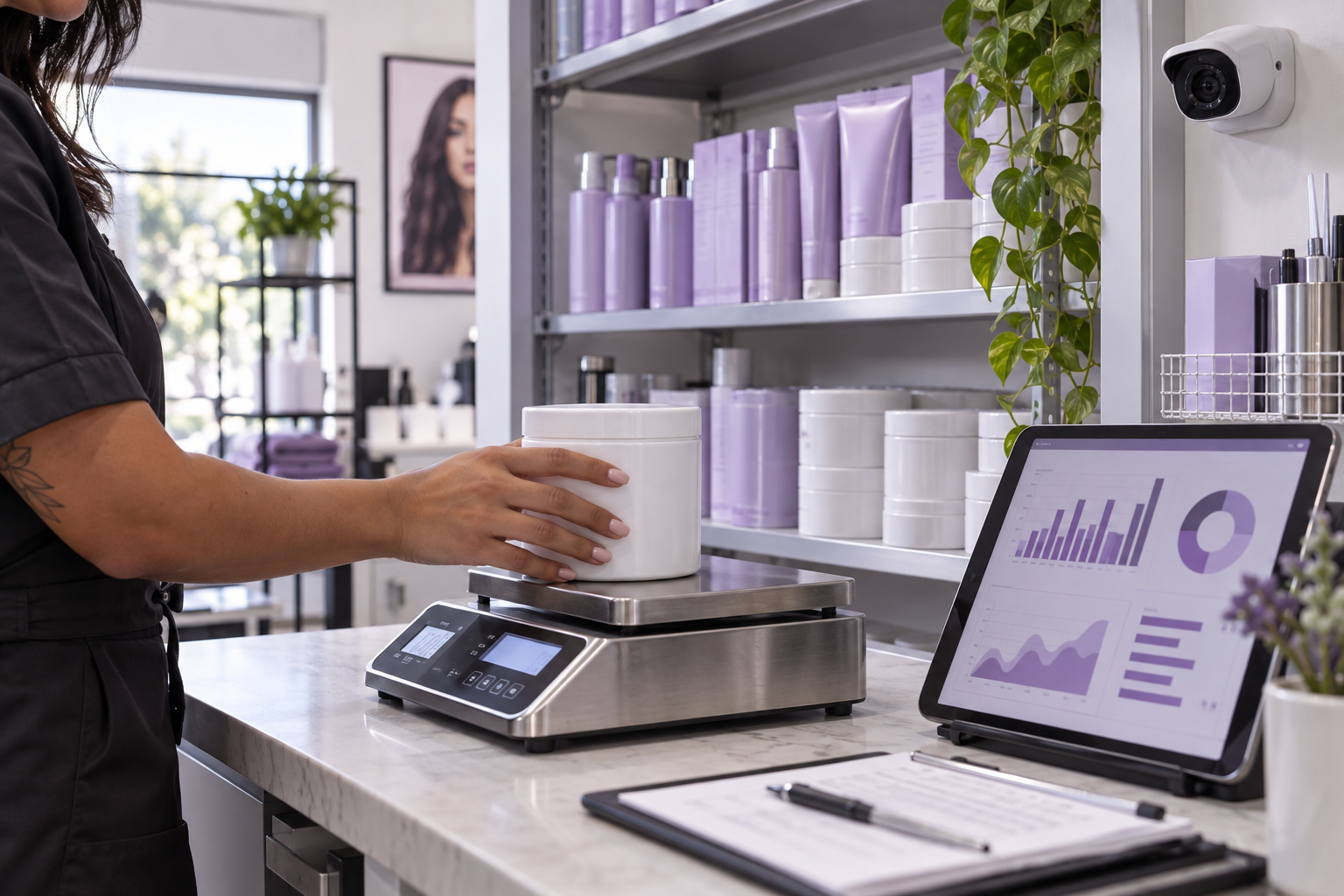 Balança, câmera e tablet integrados à rotina de produtos de um salão
